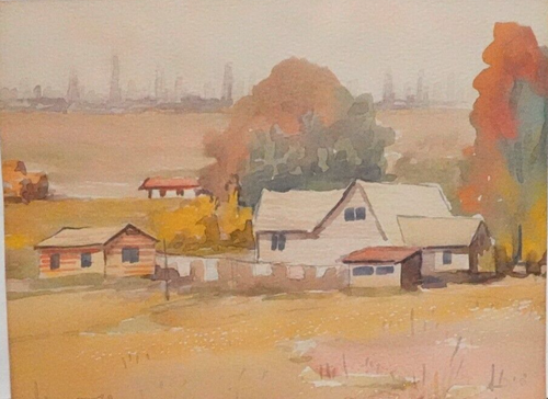 WALLINE SMALL ORIGINAL WATERCOLOR HOMESTEAD CITY SKY SCRAPERS PAINTING UNFRAMED - Picture 3 of 5