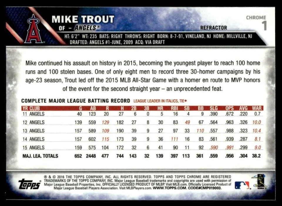 2016 Topps CHROME REFRACTOR Mike Trout Los Angeles Angels #1 - Image 2 of 2