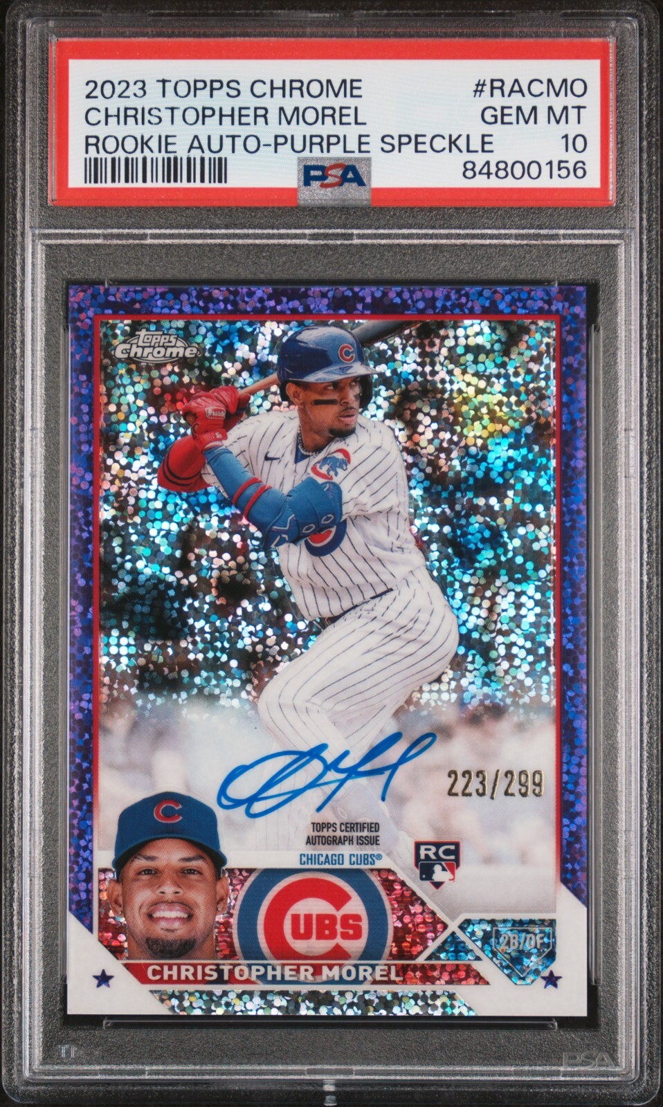 2023 Topps Chrome Purple Speckle Refractor Christopher Morel Auto RC /299 PSA 10