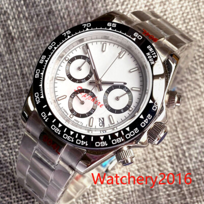 39mm White Black Sterile dial Multi-Function Full Chronograph Quartz Mens Watch