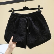 Damen Fleece Shorts Hotpants Hoch Kordelzug Taille Weites Bein Freizeit Outwear