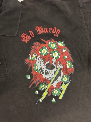 Ed Hardy Designs Y2K Black Dragon Floral Skull Collared Polo Shirt Sz 3XL - Picture 3 of 6