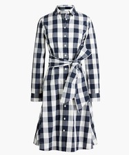 NEW J.Crew Tie-Waist Poplin Longsleeve Shirtdress Dress Check Navy sz 00