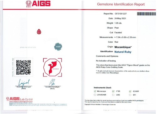 AIGS CERTIFIED NATURAL RUBY 1.05 CTS PIGEON BLOOD RED "NO HEAT" FROM MOZAMBIQUE - 第 6/6 張圖片