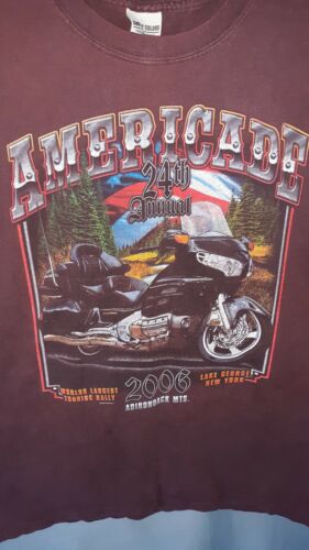2006 Americade Motorcycle Rally sz L T shirt touring Biker brown Lake George Ny - Afbeelding 1 van 6