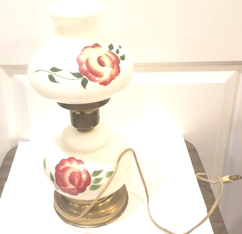 Vintage Hurricane Parlor Table Lamp White Glass Globes Painted Red Roses - Picture 2 of 12