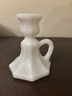 Vintage Milk Glass Candlestick Holders Paneled Octagon Base with Loop Handle