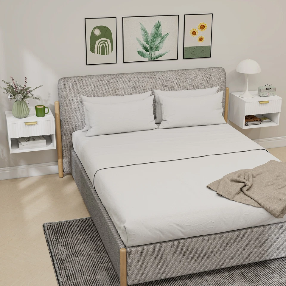 HOMCOM Set 2 Comodini Sospesi con Cassetto, Pannelli Scanalati e Ripiano Bianco - Immagine 3 di 4