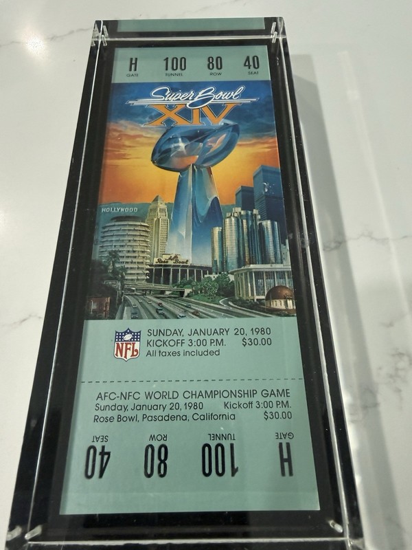 1980 Super Bowl XIV Commemorative Full Ticket In Lucite Case Steelers vs Rams
