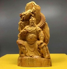 8" Chinese Cypress Wood Carved Guan Yu Statue Guan Gong Dragon Warrior Decor