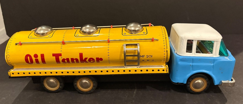 Vintage MF 201 Oil Tanker Truck with Friction Power Metal Tin Toy 1960's