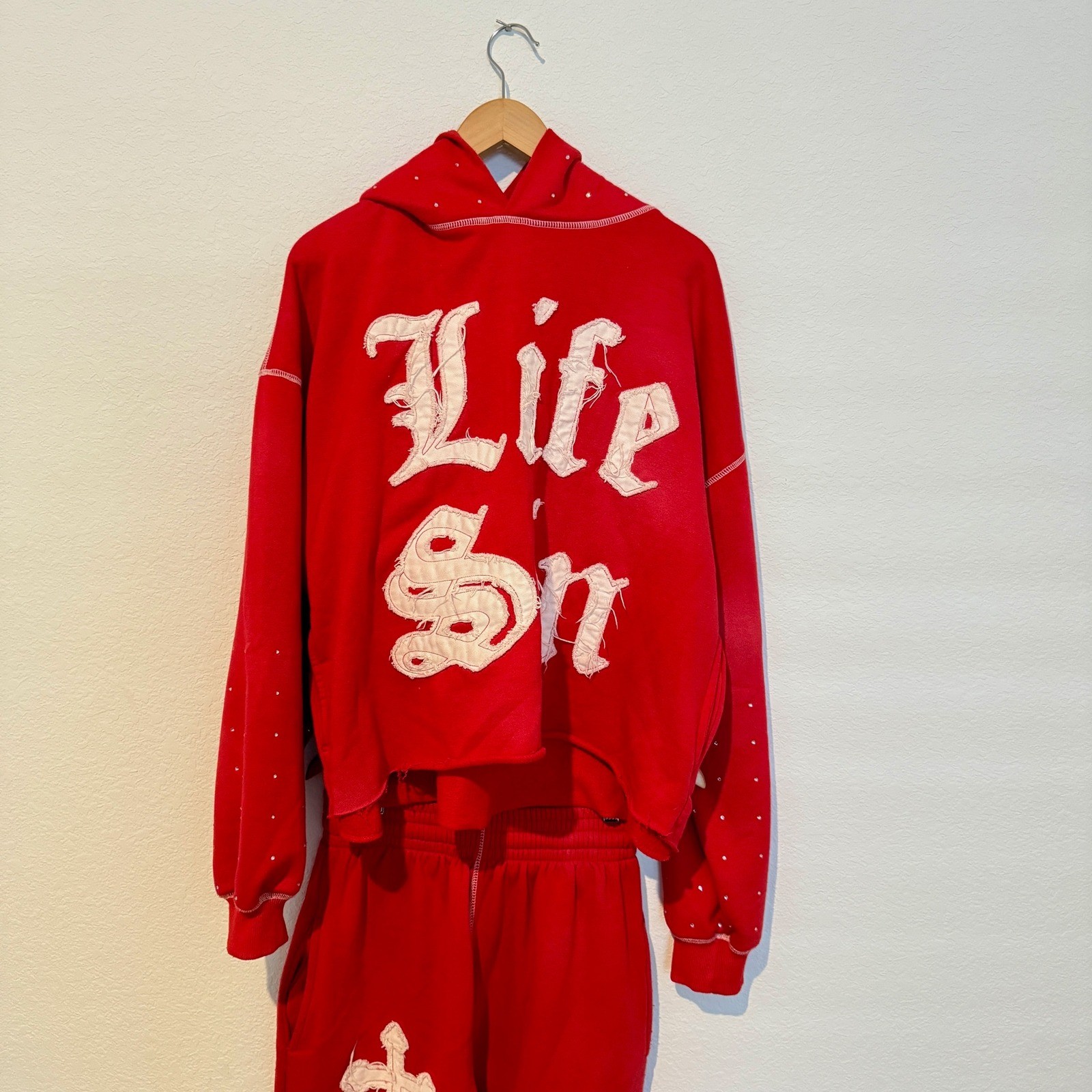 Life Of Sin Tracksuit Set Mens L Red Rhinestone Distressed Cross Hoodie Pants