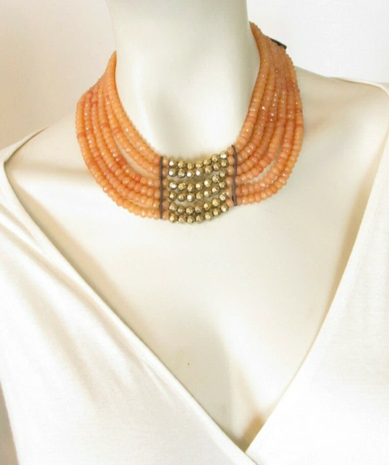 Lucky Brand Orange Carnelian Hammered Gold-Tone Bead Statement Necklace NWT $99 - product detail image 1
