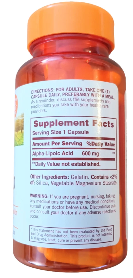 Ácido alfa lipoico Sundown NO TRANSGÉNICO 600 mg 60 cápsulas CADUCIDAD 26/07 Foto 2 de 4