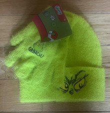 Dr. Seuss The Grinch Kids Youth Beanie Hat  Gloves Gift Set Green/Black New
