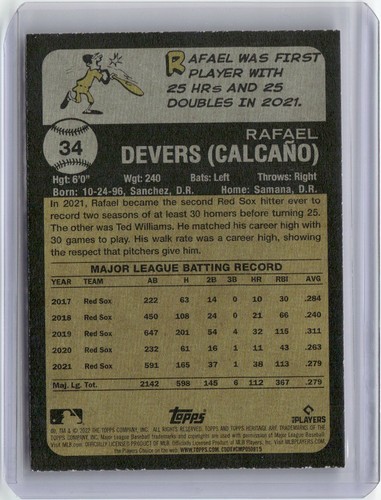 2022 TOPPS HERITAGE RAFAEL DEVERS BOSTON RED SOX #34 - Picture 2 of 2