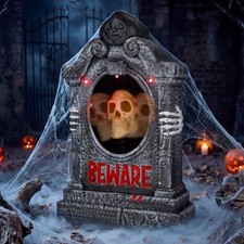 Halloween Animatronic Tombstone Outdoor Decorations, Sound Activated Zombie Skel