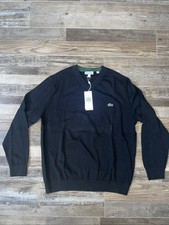 Lacoste Long Sleeve Regular Fit Black V-neck Org Cotton Sweater US XXL FR 7 NWT