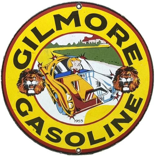 VINTAGE GILMORE GASOLINE PORCELAIN SIGN GAS STATION PUMP PLATE MOTOR RICHIE RICH