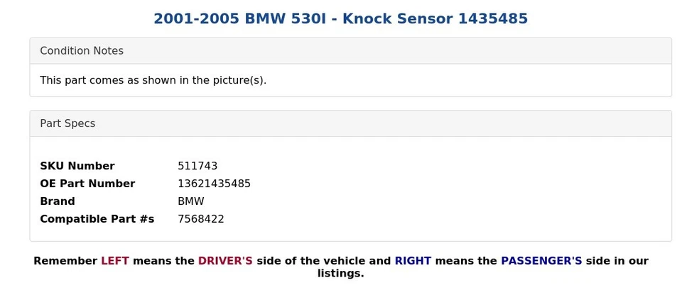 2001-2005 BMW 530I - Knock Sensor 1435485 - Image 3 of 4