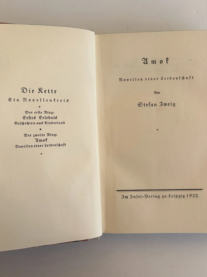Stefan Zweig "Amok" 1922 1st Edition Insel Verlag Half Linen Marbled - Image 3 of 4
