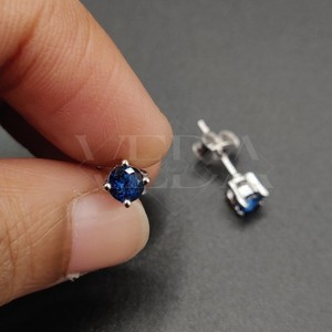 Authentic 4mm Round Cut Simulated Blue Sapphire Stud Earrings 14K White Gold Plated #03
