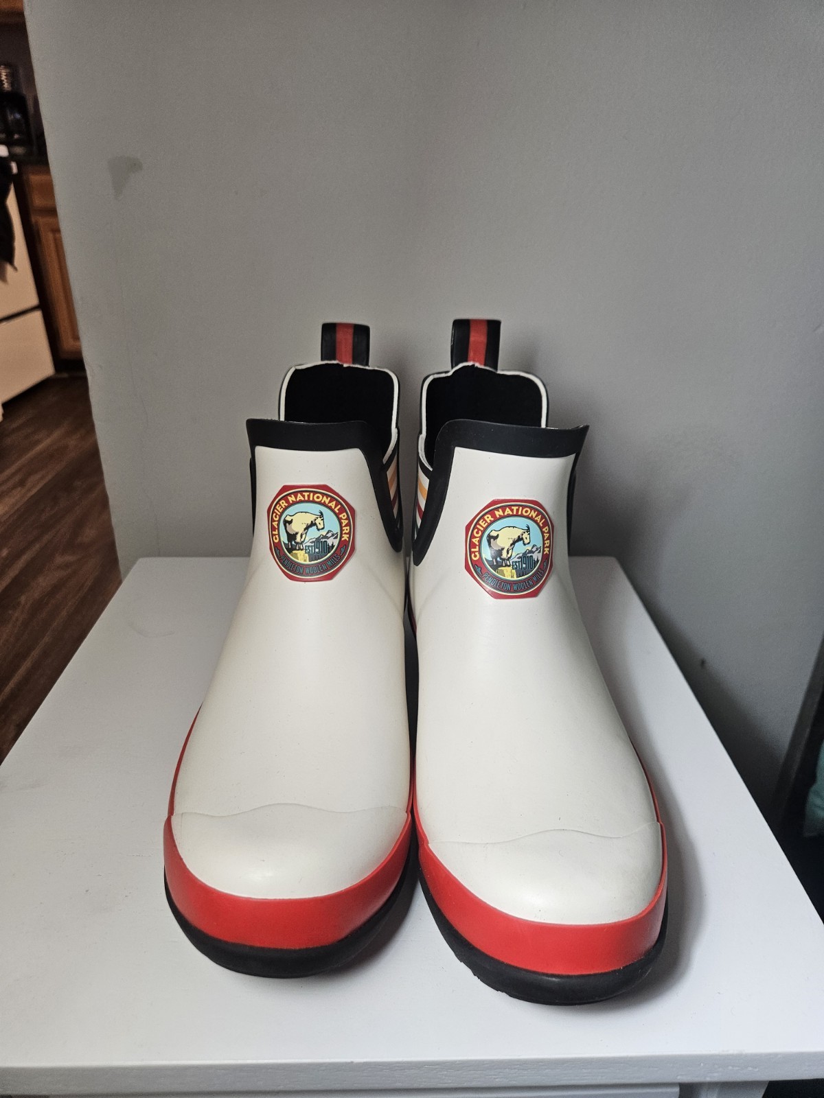 's Ankle Rain Boots White Red Black Striped Logo Rubber Pull