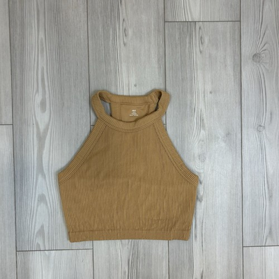 #ad Aerie Super chill Seamless High Neck Bra Top Size Medium Tank Beach Dune Brown $14.99