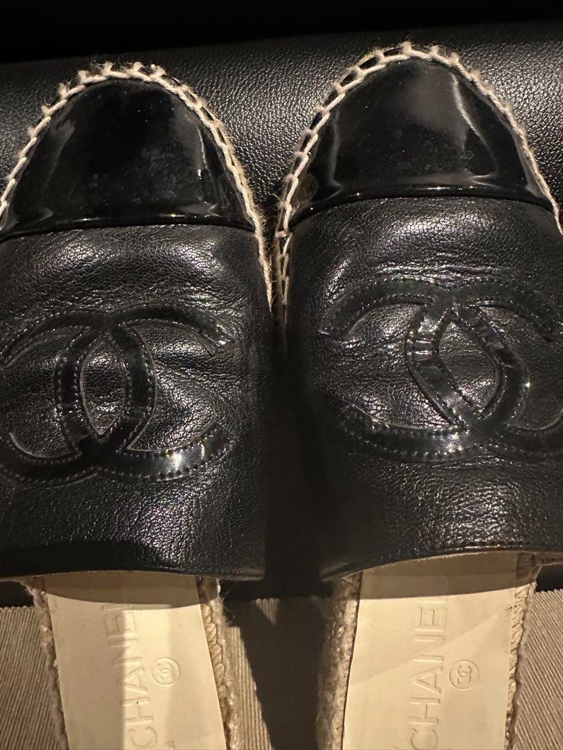 Authentic CHANEL Espadrilles Flat Sandals Leather Black CC Logo Size 37 Used