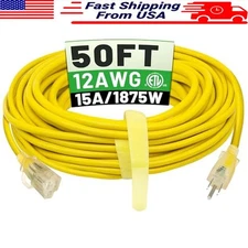 50ft Waterproof Heavy Duty Extension Cord Outdoor Yellow 1875W ETL Listed New