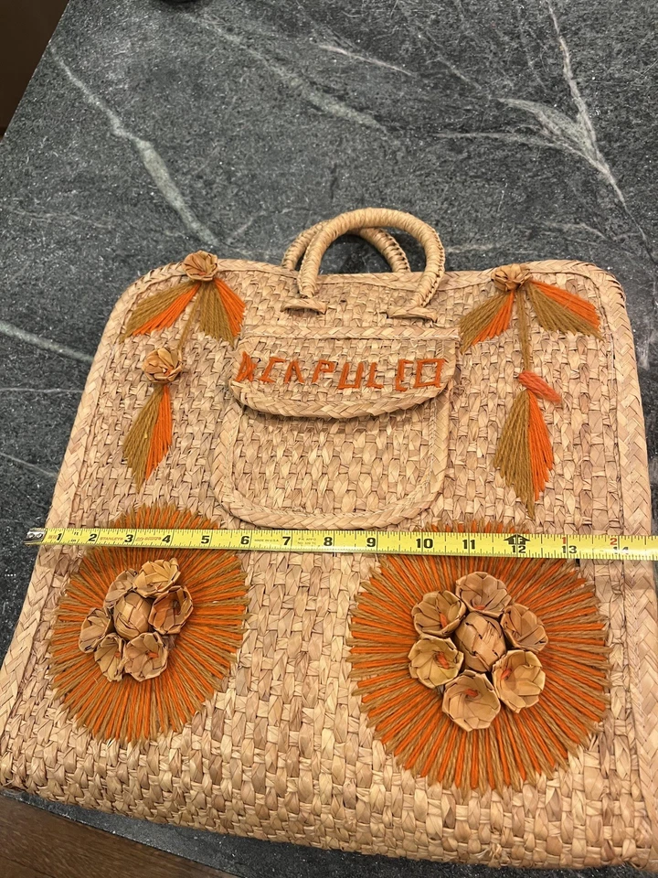 "Bolso de Mano Acapulco Rafia Vintage Años 70 Tejido Paja Playa Viaje 14""x14""x5""" Foto 3 de 4