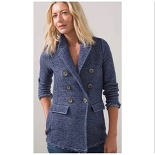 Chico's Knit Blazer Women Size 2 Large Blue Double Breasted Fringe Trim Cardigan