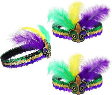 3 Packs Mardi Gras Headband Glitter Sequin Mardi Gras Headbands for Women Feathe
