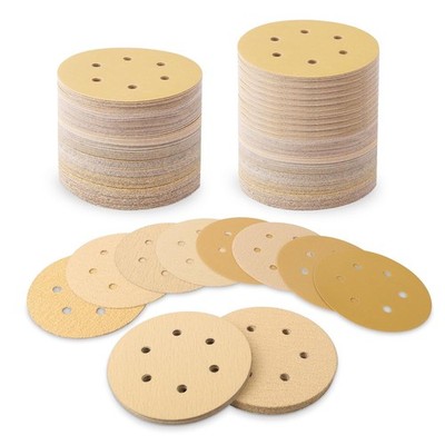 100PCS 6 Inch Sanding Discs 6 Hole Hook and Loop Gold Round Sandpaper Mixed Grit