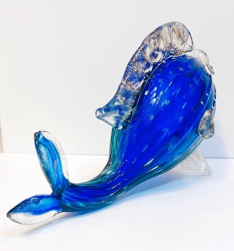 Murano Glass SIGNED 10" Imperio Rossi Cobalt Blue & Gold Fish - RARE - Picture 5 of 10