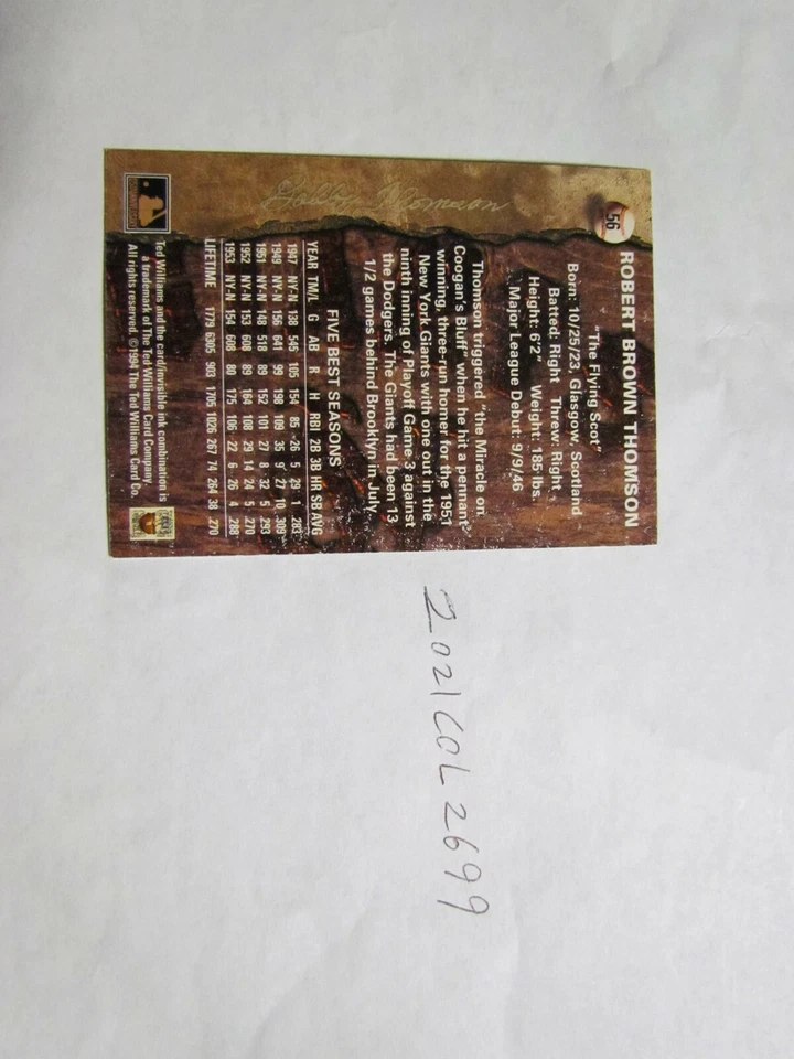 1994 Ted Williams Bobby Thomson Signed Baseball Card - Image 2 of 2