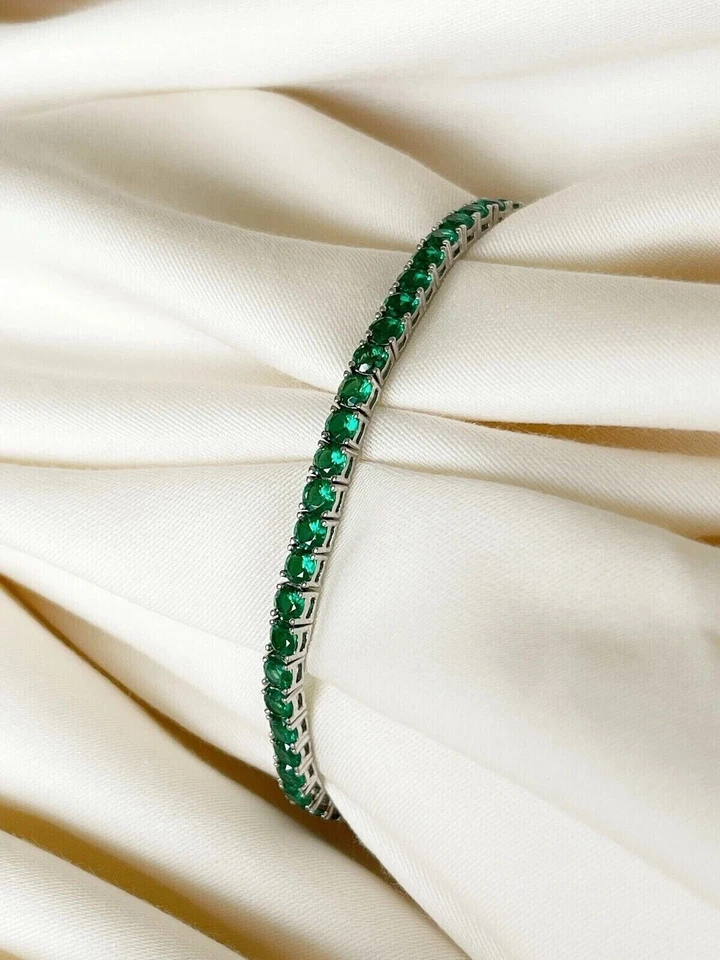 Brazalete Tenis Redondo Esmeralda Verde Natural Certificado Uso Diario Oro Blanco 14k Foto 3 de 4