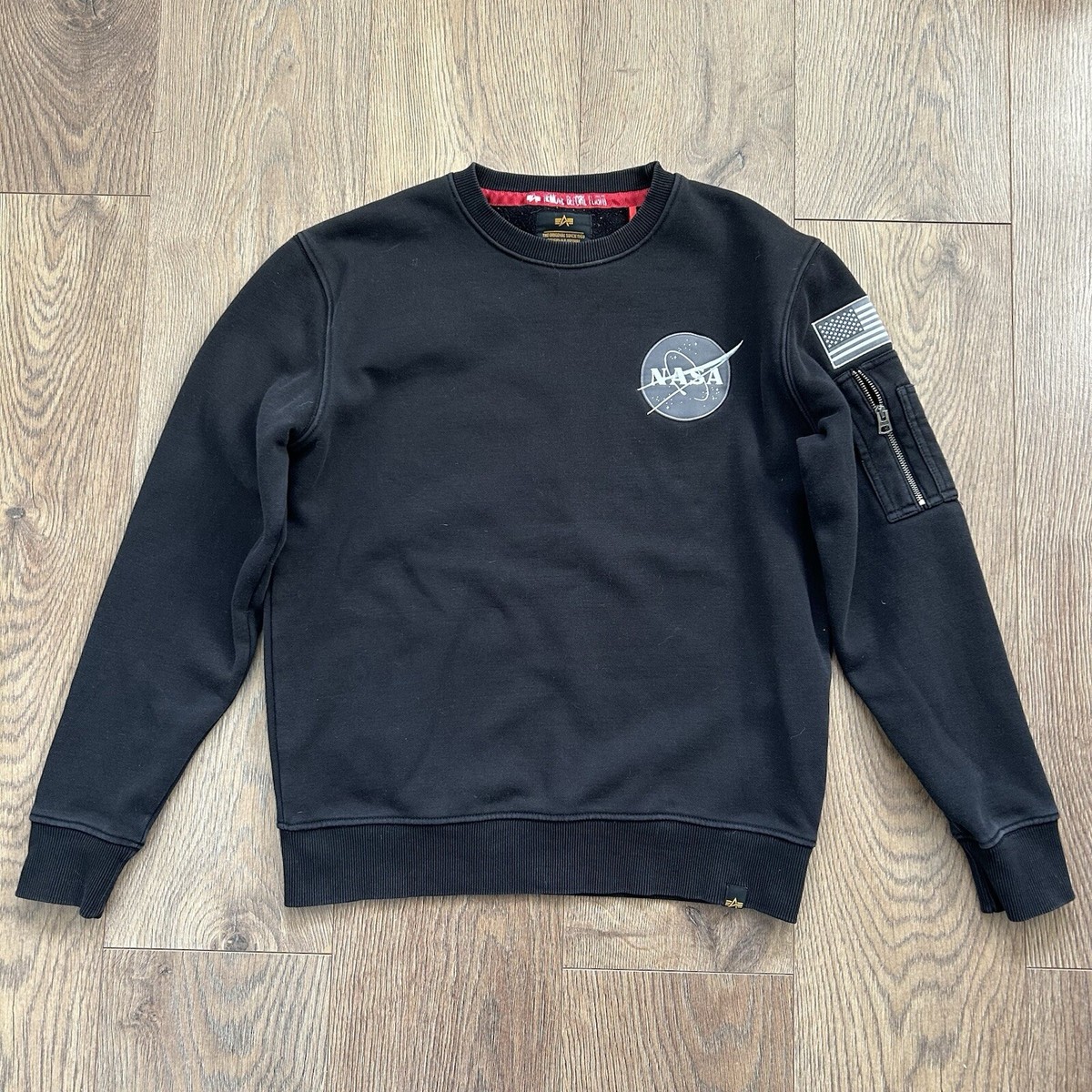 Alpha Industries Nasa Sweatshirt Black Crew Neck Jumper Mens Size Small