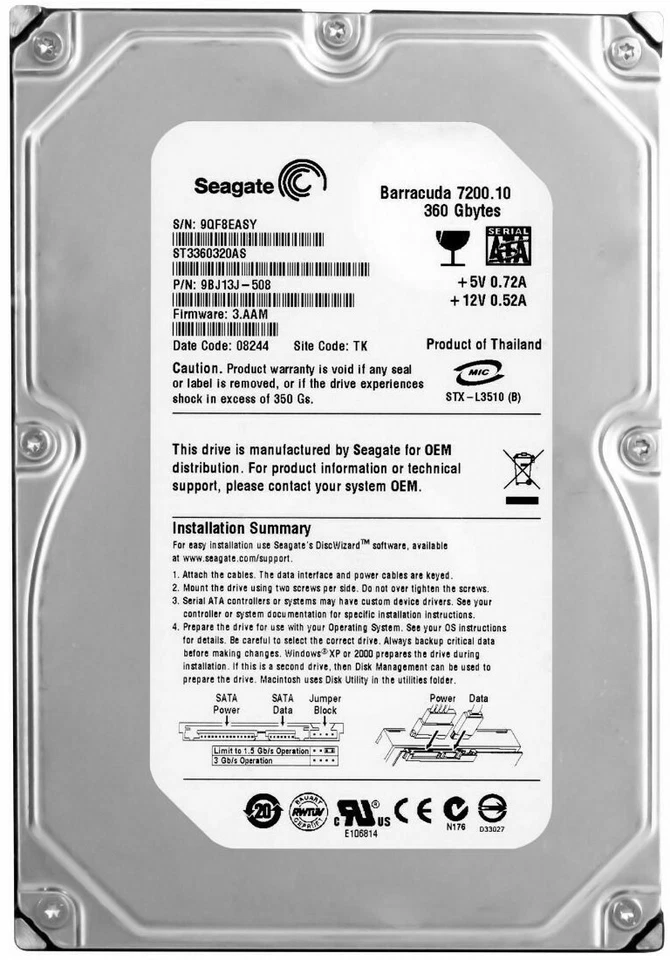 Hard Drive Seagate barracuda ST3360320AS 360GB 7200U/Min 8MB SATA II 3.5'' - Image 3 of 3