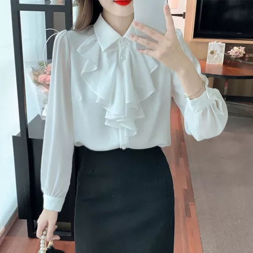 Women Chiffon Ruffle Blouse Long Sleeve Shirt Button Down Office Summer Top - Picture 2 of 8