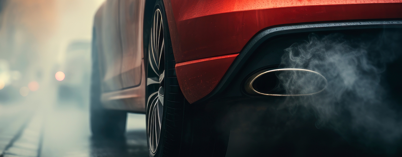 Ein stehendes, rotes Fahrzeug mit laufendem Motor