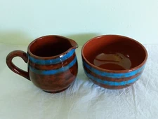 Creamer & Open Sugar Bowl by Arthur Wood~ Brown Marbled Body with Blue Bands~ 