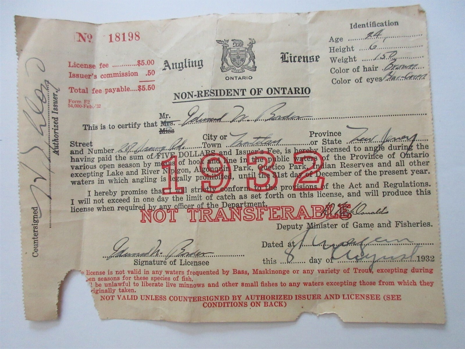 1932 angling fishing license non resident of ontario canada ebay