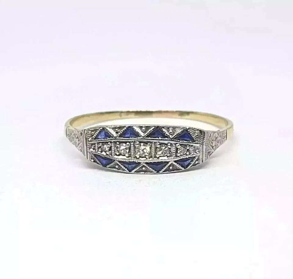 Anillo de compromiso Art Deco estilo vintage creado en laboratorio diamante zafiro oro 14k FN Foto 4 de 4