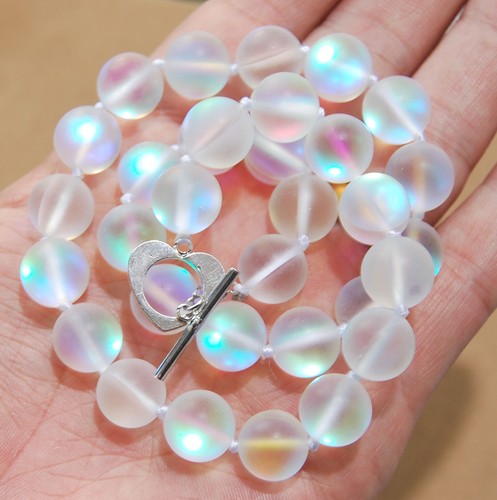 Collier perles rondes pierre de lune arc-en-ciel blanc brillant naturel 8/10/12 mm 18" - Photo 4/9