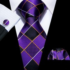 3 Pcs-Men's Tie Purple Plaids Checks Necktie Hankie Cufflinks Set Party Wedding