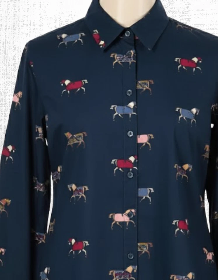 Women's Cotton Shirt Long Sleeve Amilla Collared Navy Horses Size 18 - Image 2 of 4