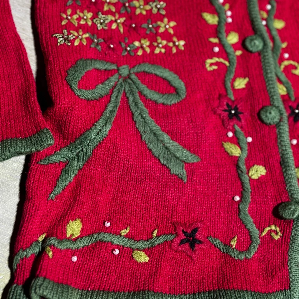 Cárdigan de Navidad vintage Kathie Lee rojo bordado - grande para mujer HERMOSO Foto 4 de 4