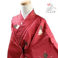 Nyankotei Kimono Red Floral Synthetic Fiber Pattern Used Japan