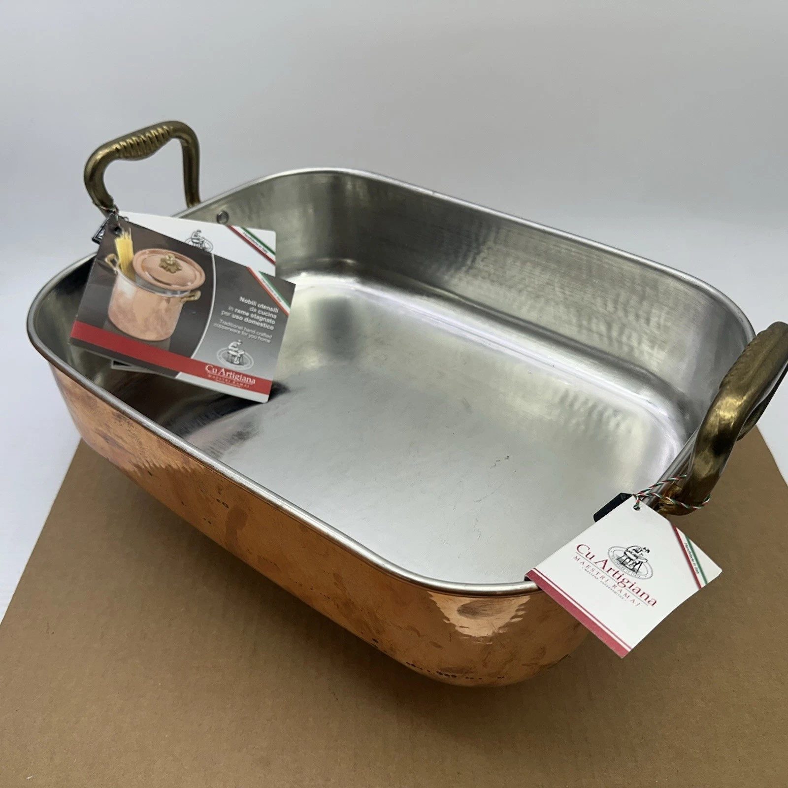 Cu Artigiana Hammered Copper Rectangular Roasting Pan Made Italy 16”x12” 3990H